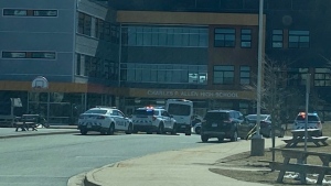 Police respond to Charles P. Allen High School in Bedford, N.S., on March 20, 2023, after two staff members and a student, who is also the suspect, were injured in a stabbing. (Bruce Frisko/CTV Atlantic)