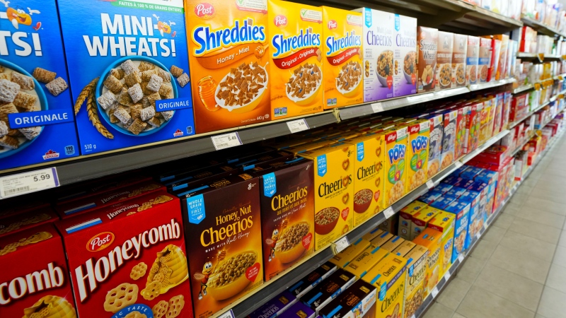 Cereals and cereal products are displayed for sale at a grocery store in Aylmer, Que., on Thursday, May 26, 2022. THE CANADIAN PRESS/Sean Kilpatrick 