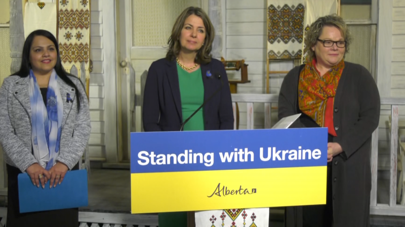 Alberta Premier Danielle Smith announces new support for Ukrainian evacuees in Mundare, Alta., on March 21, 2023. (Matt Marshall/CTV News Edmonton)