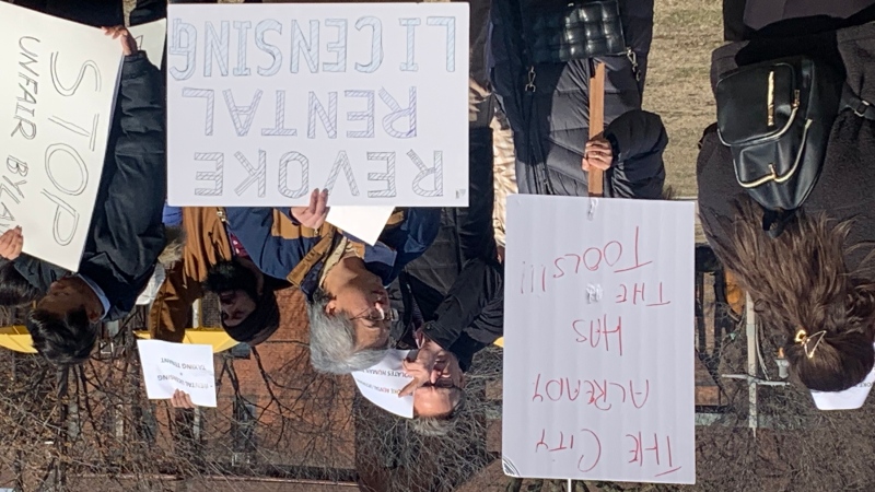 About 100 people were outside city hall protesting the city’s new residential rental licencing by-law in Windsor, Ont. on Tuesday, Mar. 21, 2023. (Bob Bellacicco/CTV News Windsor)