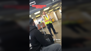 A screenshot from a video on social media in which a security guard at the Ottawa train station tells Ahmed, a Toronto man waiting to travel home, not to pray inside the station. (TikTok/@a.p416)