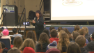 Carol Todd speaks at a Wasaga Beach, Ont. school on Tues., March 21, 2023, about cyberbullying. (CTV News/Ian Duffy)