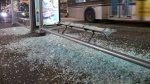 This photo posted to Twitter shows glass shattered at a bus shelter in downtown Vancouver on March 21, 2023 (Credit: Twitter/@Eddy_Elmer) 