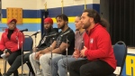 Ottawa RedBlacks quarterback Jeremiah Masoli speaks to hundreds of middle school students about racism, inclusion and equity. Ottawa, On.. Mar. 21, 2023. (Tyler Fleming / CTV News).