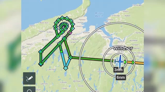 The ribbon-shaped flight path completed by Nova Scotia pilots Dimitri Neonakis and Brodie Sampson (Supplied).