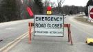 A road closed sign blocks access to Wellington Road 18 near Belwood Lake in the Township of Centre Wellington on March 22, 2023. (Dan Lauckner/CTV Kitchener)