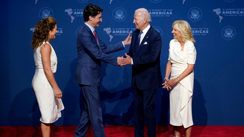 President Joe Biden, center, and First Lady Dr. Jill Biden greet The Right Honorable Justin Trudeau, P.C., M.P., Prime Minister of Canada & Mrs. Sophie Gregoire Trudeau, left, during the Summit of the Americas, Wednesday, June 8, 2022, in Los Angeles. (AP Photo/Evan Vucci)