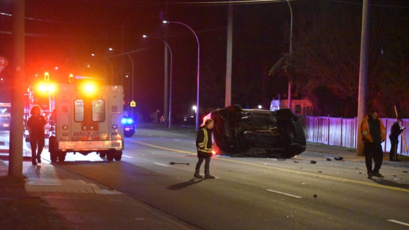 First responders attended the scene of a two-vehicle crash in Langley late Tuesday, March 21. At least one person was transported to hospital. (Credit: Curtis Kreklau)