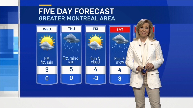 The five-day forecast for Montreal starting March 22, 2023.