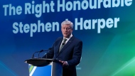 Former prime minister Stephen Harper delivers the keynote address at a conference, Wednesday, March 22, 2023 in Ottawa. THE CANADIAN PRESS/Adrian Wyld