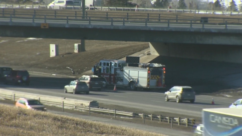 Two southbound lanes of Deerfoot Trail were closed to traffic at 32 Avenue N.E. on Thursday, March 23, 2023 after a semi-truck hit the underside of the 32 Avenue bridge. 