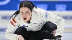 Canada's Skip Kerri Einarson in action during the match between USA and Canada during the round robin session 3 of the LGT World Women's Curling Championship at Goransson Arena in Sandviken, Sweden on March 19, 2023. (THE CANADIAN PRESS/TT via AP Jonas Ekstromer)