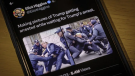 Images created by Eliot Higgins with the use of artificial intelligence show a fictitious skirmish with Donald Trump and New York City police officers posted on Higgins' Twitter account, as photographed on an iPhone in Arlington, Va., Thursday, Mar. 23, 2023.(AP Photo/J. David Ake)