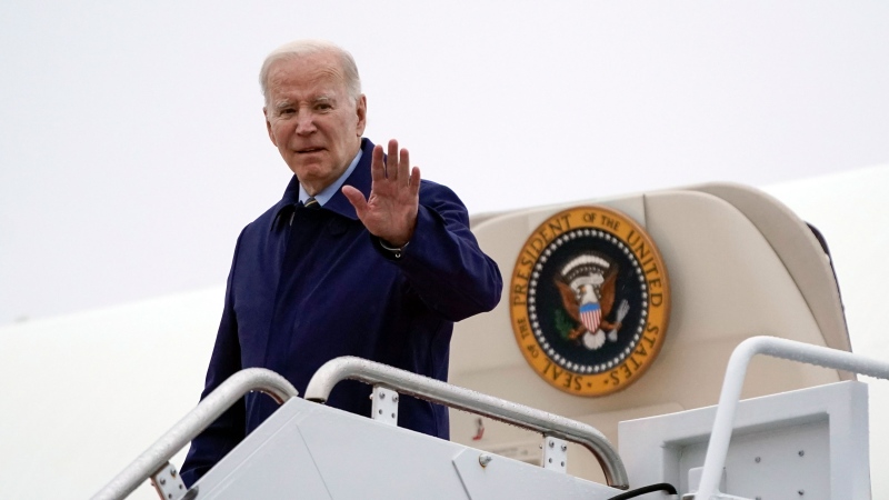 U.S. President Joe Biden waves as he boards Air Force One, Friday, March 10, 2023, at Andrews Air Force Base, Md. Biden is spending the weekend at his home in Delaware. (AP Photo/Patrick Semansky)