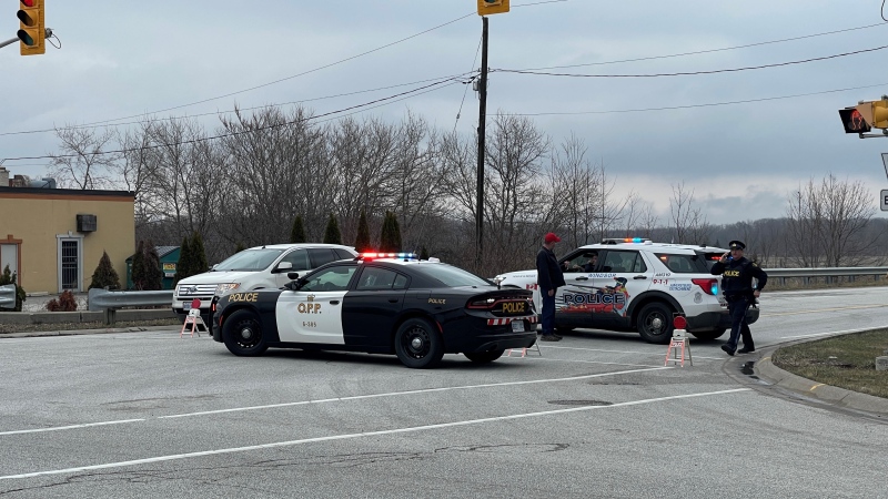 Essex County OPP and Windsor Police Service on scene of an active investigation in Essex, Ont. on Thursday, Mar. 23, 2023. (Travis Fortnum/CTV News Windsor)