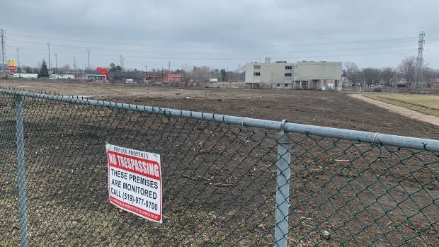 Land has been cleared at the site of the potential CBSA secondary truck inspection facility at the foot of the Ambassador Bridge in Sandwich Town on March 23, 2023.  (Rich Garton/CTV News Windsor)
