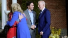 President Joe Biden and first lady Jill Biden are greeted by Canadian Prime Minister Justin Trudeau and his wife Sophie Gregoire Trudeau at Rideau Cottage, Thursday, March 23, 2023, in Ottawa, Canada. (AP Photo/Andrew Harnik)