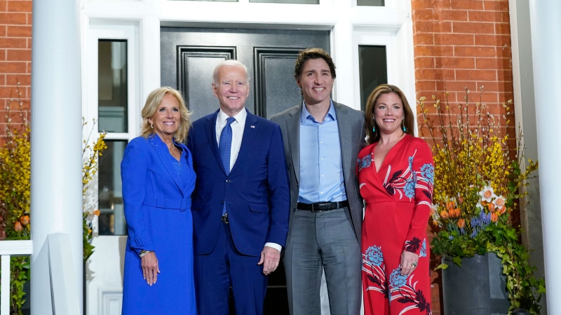 President Joe Biden and first lady Jill Biden pose for photos with Canadian Prime Minister Justin Trudeau and his wife Sophie Gregoire Trudeau at Rideau Cottage, Thursday, March 23, 2023, in Ottawa, Canada. (AP Photo/Andrew Harnik)