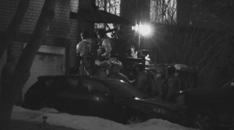 A heavy police presence seen appearing to take multiple people into custody in the area of Golfdale and Coulter on Thurs. March 23, 2023 (Steve Mansbridge/CTV News Barrie) 