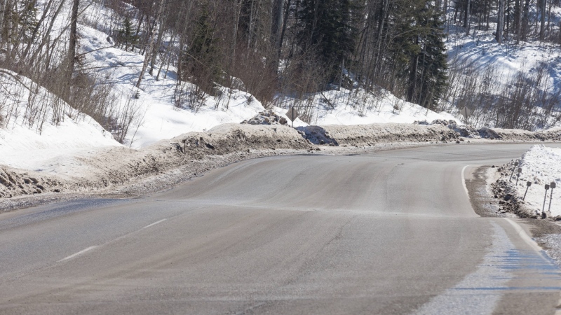 An uneven stretch of Highway 97 South just before the Cottonwood River near Quesnel, B.C., is shown on Thursday, March 9, 2023. THE CANADIAN PRESS/James Doyle