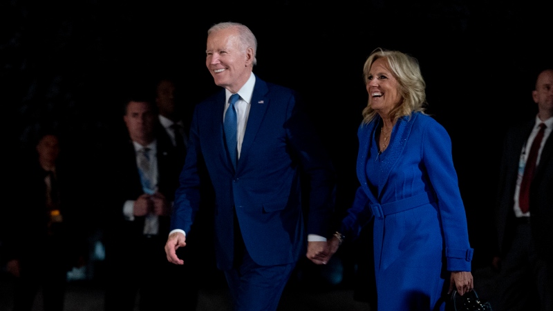 U.S. President Joe Biden and first lady Jill Biden arrive to visit with Canadian Prime Minister Justin Trudeau and his wife Sophie Gregoire Trudeau at Rideau Cottage, Thursday, March 23, 2023, in Ottawa, Canada. (AP Photo/Andrew Harnik) 