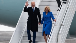 U.S. President Joe Biden and first lady Jill Biden arrive at Ottawa/Macdonald–Cartier International Airport ahead of an official state visit in Ottawa, Thursday, March 23, 2023. (THE CANADIAN PRESS/Spencer Colby)