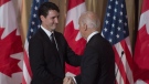 Prime Minister Justin Trudeau shakes hands with U.S. Vice-President Joe Biden after his address during a state dinner in Ottawa, Thursday, Dec. 8, 2016. (THE CANADIAN PRESS/Justin Tang)