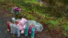 A small memorial overlooks Gibbons Creek as people honour the memory of Meshay "Karmen" Melendez, 27, and her daughter, Layla Stewart, 7, along Wooding Road in Washougal, Wash., March 23, 2023. (Amanda Cowan/The Columbian via AP)