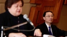 Chinese Vice Foreign Minister Sun Weidong, right, listens while Filipino Foreign Affairs Undersecretary Maria Lourdes Lazaro, left, speaks during a bilateral meeting in Manila, Philippines on Friday March 24, 2023. (Francis Malasig/Pool Photo via AP)