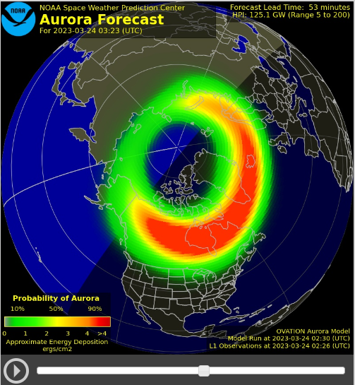 A projection of the aurora borealis for March 24. (NOAA)