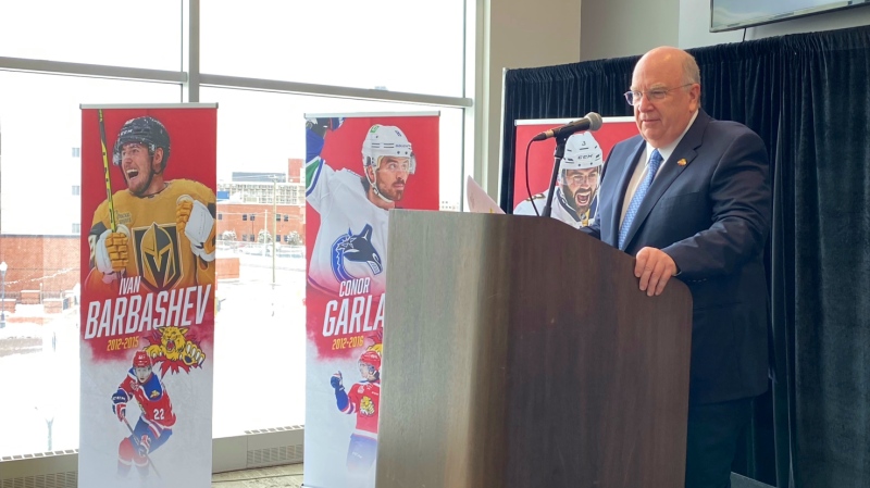 Robert K. Irving announces that the Moncton Wildcats of the QMJHL will host the 2024 CHL/NHL Top Prospects Game at the Avenir Centre in Moncton, N.B. (Derek Haggett/CTV) 