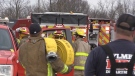 Aylmer firefighters prepare to leave the scene of a fire that destroyed a new home on Aspen Parkway on Friday, March 24, 2023. (Sean Irvine/CTV News London)