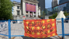 A memorial outside the Vancouver Art Gallery has grown since it was first set up in May 2021, following the discovery of 250 potential unmarked graves at the site of the former Kamloops Indian Residential School. (CTV)