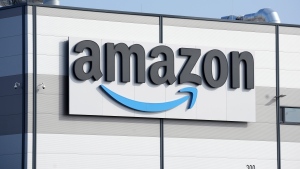 An Amazon company logo on the company's building near Berlin, Germany, March 18, 2022. (AP Photo/Michael Sohn, File)