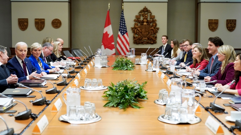 President Joe Biden, second from left, and Canadian Prime Minister Justin Trudeau, third from right, participate in a bilateral meeting at Parliament Hill, Friday, March 24, 2023, in Ottawa, Canada. Secretary of State Antony Blinken, left, and Energy Secretary Jennifer Granholm, third from left attend. (Andrew Harnik/AP Photo) 