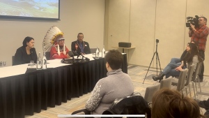 St. Theresa Point First Nation Chief Elvin Flett engages in a press conference regarding a drug crisis impacting the northern remote community.