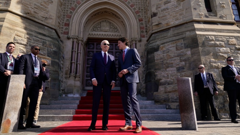 President Joe Biden and Canadian Prime Minister Justin Trudeau participate in an arrival ceremony at Parliament Hill, Friday, March 24, 2023, in Ottawa, Canada. (AP Photo/Andrew Harnik)