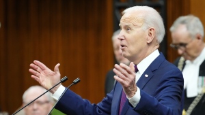 U.S. President Joe Biden addresses Parliament in the House of Commons, on Parliament Hill, in Ottawa, Friday, March 24, 2023. (Sean Kilpatrick/THE CANADIAN PRESS) 