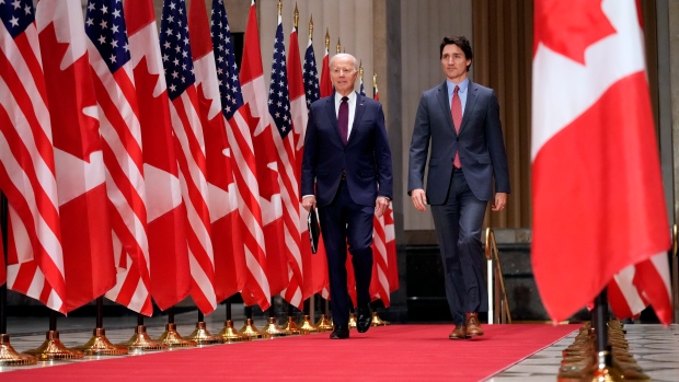 President Joe Biden and Canadian Prime Minister Justin Trudeau arrive for a news conference Friday, March 24, 2023, in Ottawa, Canada. (Andrew Harnik/AP Photo) 