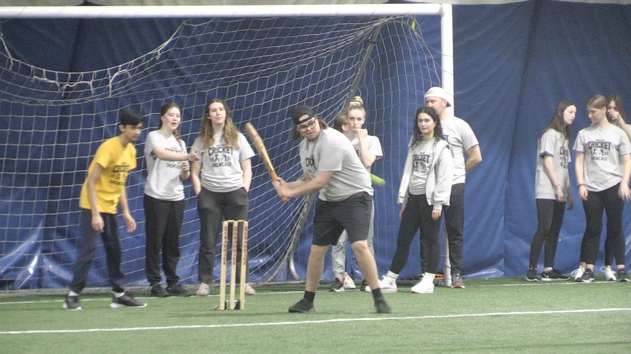High school students from across Simcoe County learn to play cricket in Bradford, Ont., on Fri., March 24, 2023. (CTV News/Catalina Gillies)