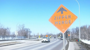 The St. Vital bridge rehabilitation project is currently the only construction zone in Winnipeg with zipper merge signage in place. The city said starting next week, a project on northbound Oak Point Highway will have them in as well. (Source: Daniel Halmarson, CTV News)
