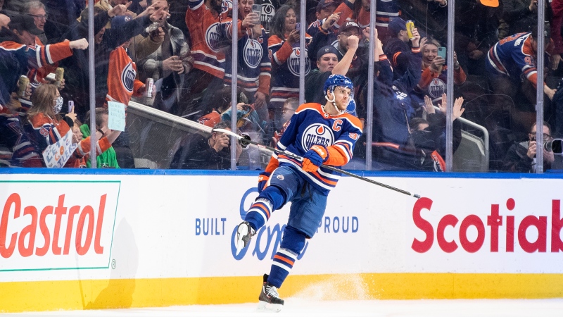 Edmonton Oilers' Connor McDavid (97) celebrates a goal against the Dallas Stars during third period NHL action in Edmonton on Thursday March 16, 2023.THE CANADIAN PRESS/Jason Franson