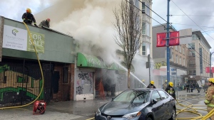 Firefighters responded to a blaze in the 500 block of East Hastings Street on Saturday, March 25, 2023. (Twitter/@Karen_Fry)