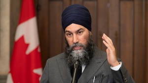 New Democratic Party leader Jagmeet Singh speaks with reporters before attending Question Period, Thursday, March 23, 2023 in Ottawa. THE CANADIAN PRESS/Adrian Wyld