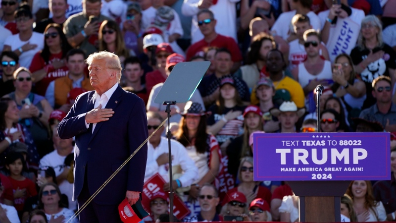 Former U.S. president Donald Trump arrives at a campaign rally at Waco Regional Airport Saturday, March 25, 2023, in Waco, Texas. (AP Photo/Nathan Howard)