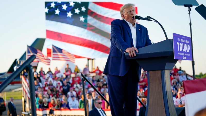 Former U.S. President Donald Trump speaks at a campaign rally at Waco Regional Airport, Saturday, March 25, 2023, in Waco, Texas. (AP Photo/Evan Vucci)