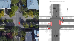 City administrators are calling for a design change on Main Street and Clarence Avenue that would prevent vehicles from using Main Street as a thoroughfare rather than 8th Street. (Source: Google / City of Saskatoon)
