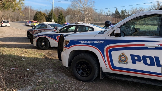 Police on scene of a fatal motor bike collision at Hamilton Road East near the Thames River on Sunday March 26, 2023 (Bryan Bicknell/CTV News London) 