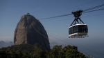 A cable car moves towards Sugar Loaf mountain amid the new coronavirus pandemic in Rio de Janeiro, Brazil, Wednesday, Aug.12, 2020. (AP Photo/Silvia Izquierdo)