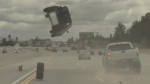 A dash cam caught a spectacular crash when a loose tire sent a car flying into the air in L.A., and the driver escaped without major injuries.